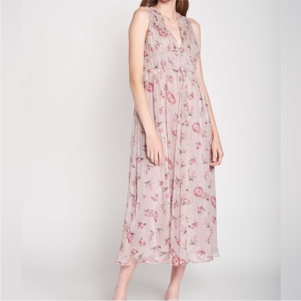 En Saison Anita Floral Print Chiffon Midi Dress Gray Pink Size Small Fit & Flare